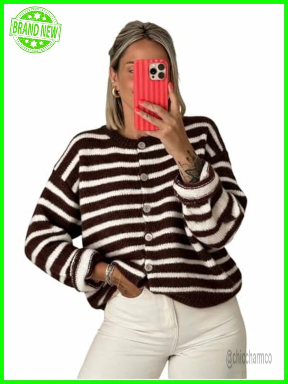 Striped Button Up Long Sleeve Cropped Cardigan Sweater